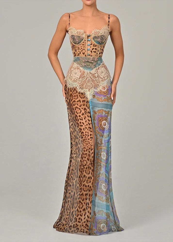 Sexy Blue Leopard Lace Patchwork Chiffon Spaghetti Strap Dress Sleeveless