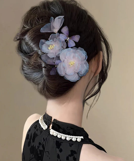 Handmade Blue Pink Silk Floral Butterfly Hairpin