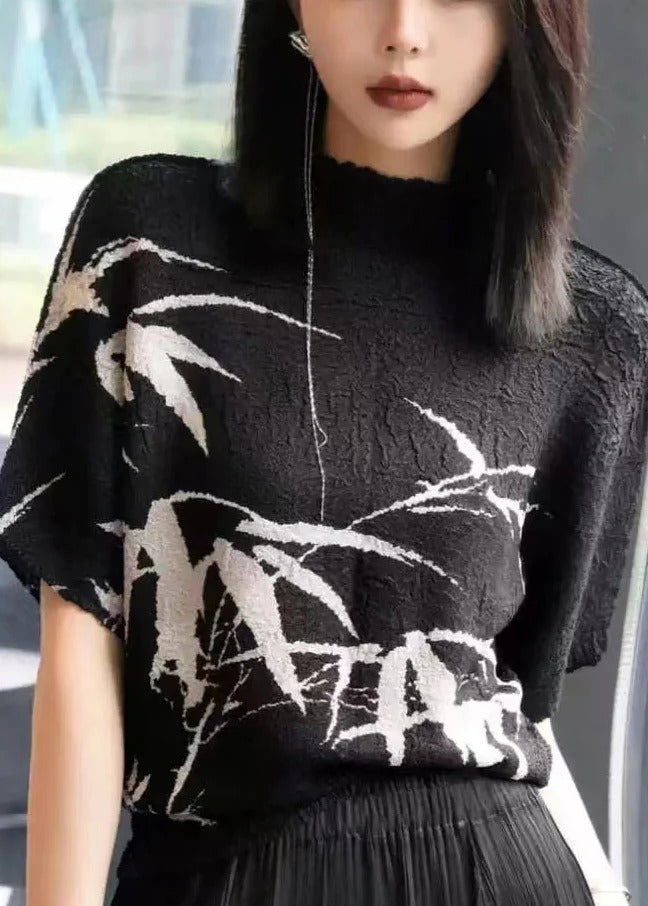 Loose Black Print Wrinkled Cotton T Shirt Summer