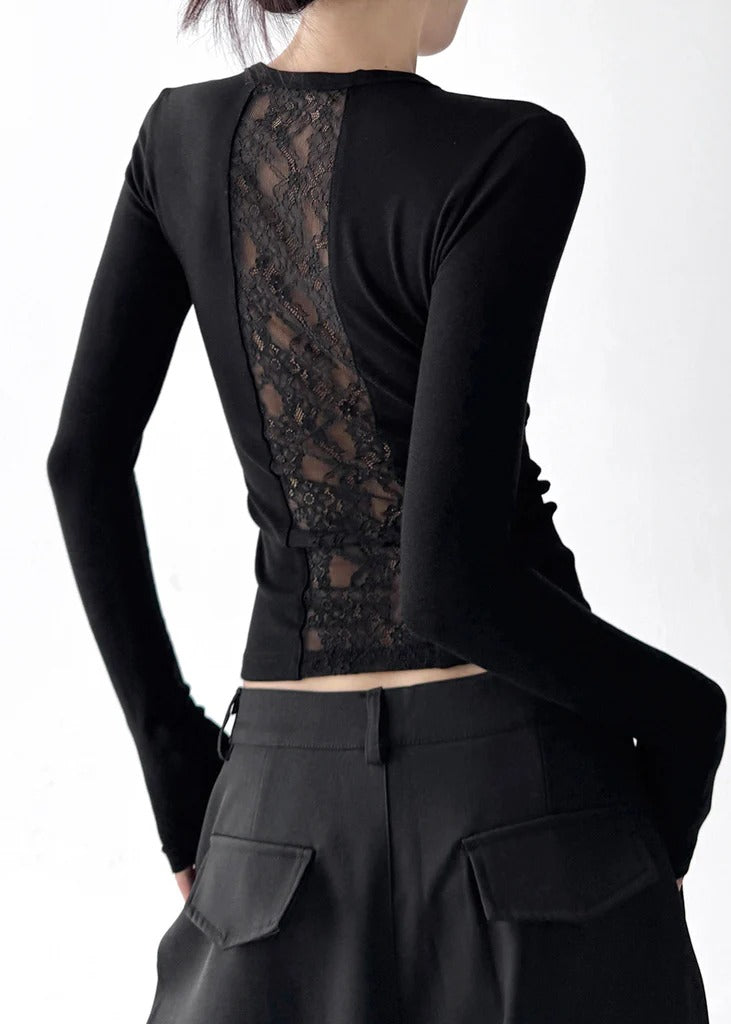 Black Patchwork Lace Blouse Top Hollow Out Fall