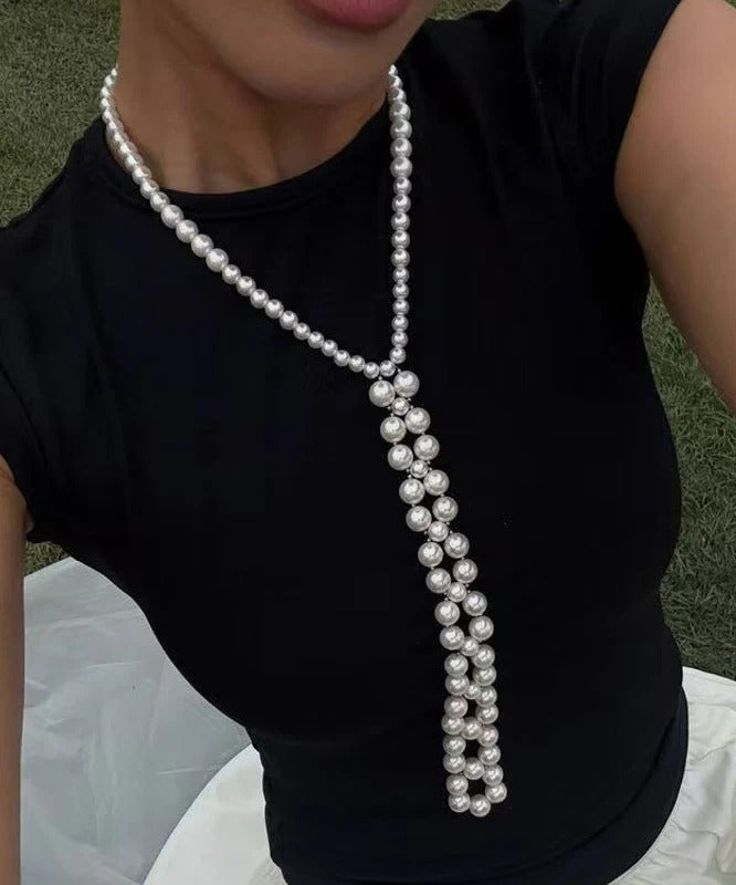 Elegant White Alloy Pearl Sweater Gratuated Bead Necklace