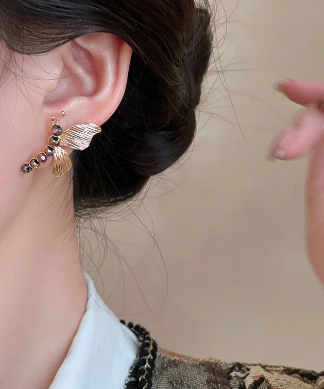 Chinese Style Gold Copper Zircon Hollow Out Butterfly Stud Earrings