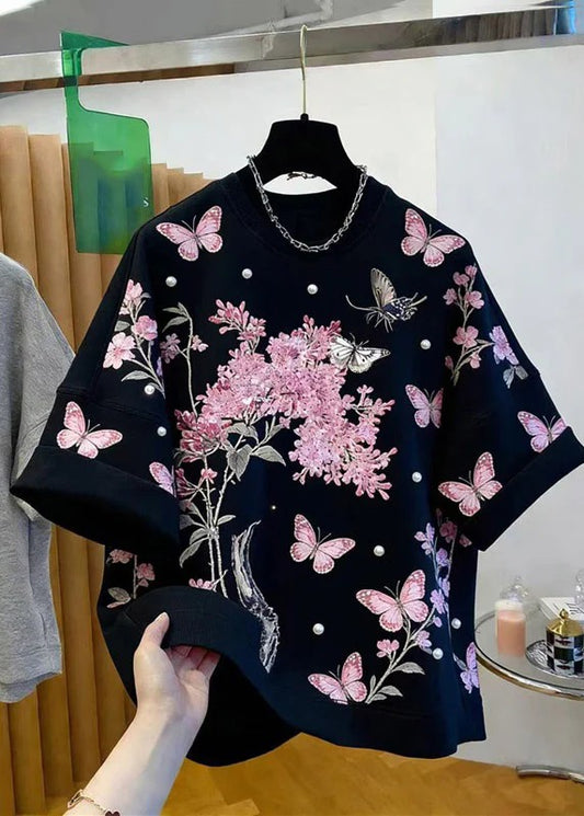 Handmade Black O-Neck Print Tops Short Sleeve