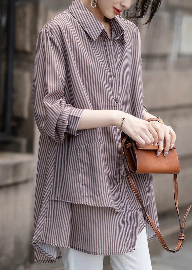 Loose Peter Pan Collar Striped Pockets Cotton Shirt Tops Fall
