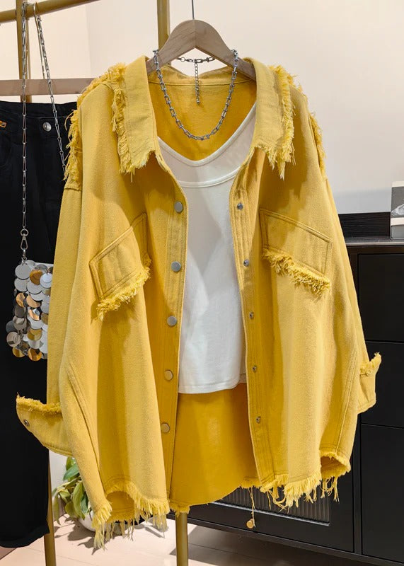 Stylish Yellow Peter Pan Collar Tassel Denim Coats Fall