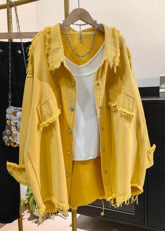 Stylish Yellow Peter Pan Collar Tassel Denim Coats Fall