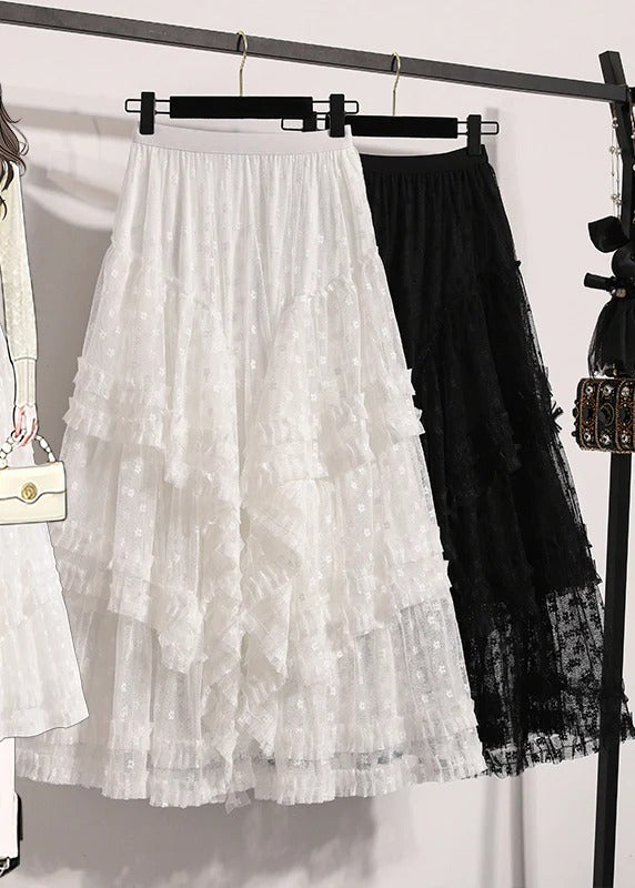 Women Black Ruffled Lace A Line Skirts Fall