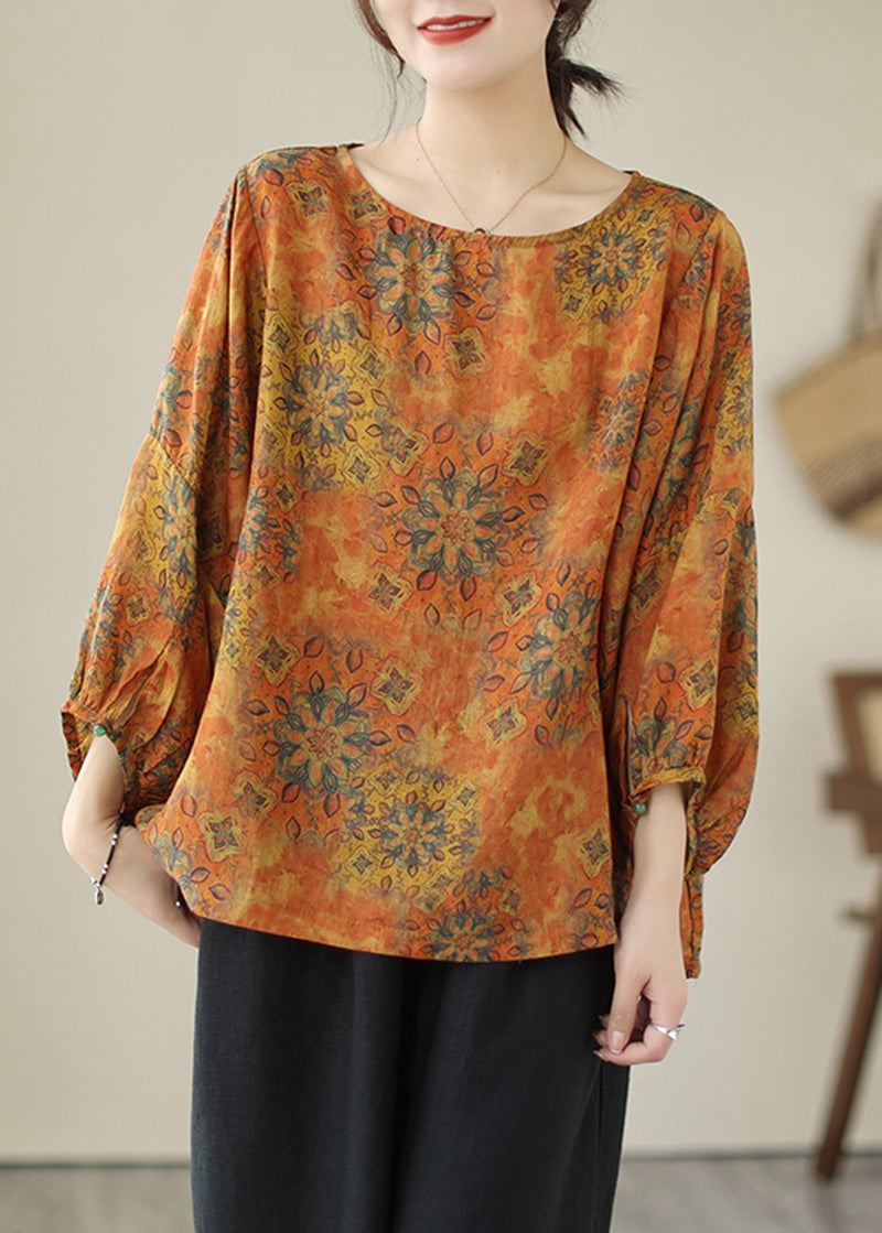 Orange Oversized Printed Cotton Shirt Lantern Sleeve Tops