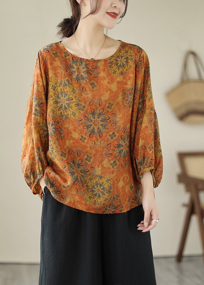 Orange Oversized Printed Cotton Shirt Lantern Sleeve Tops