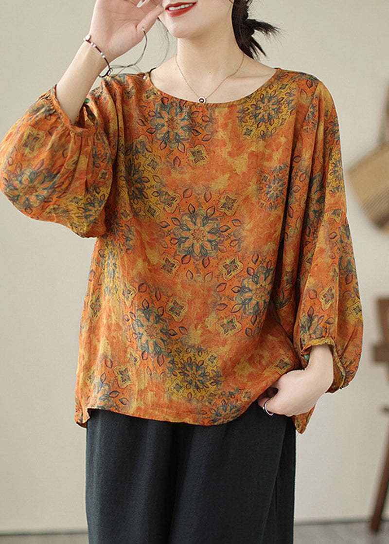 Orange Oversized Printed Cotton Shirt Lantern Sleeve Tops