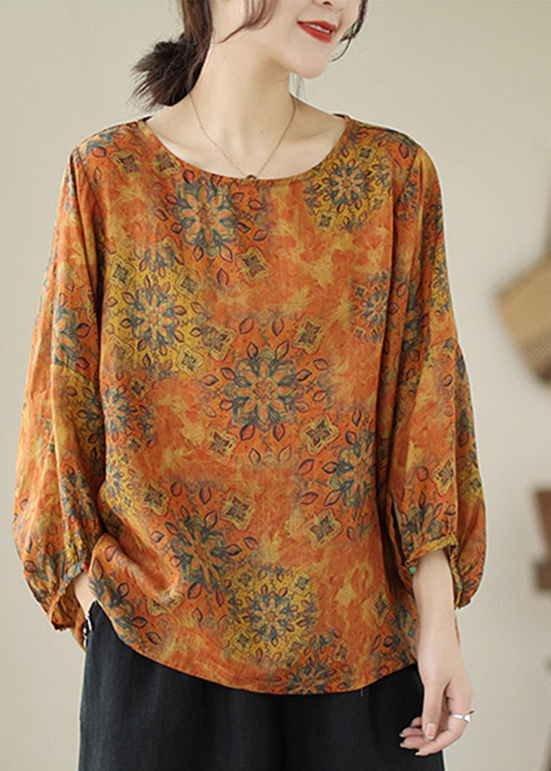 Orange Oversized Printed Cotton Shirt Lantern Sleeve Tops