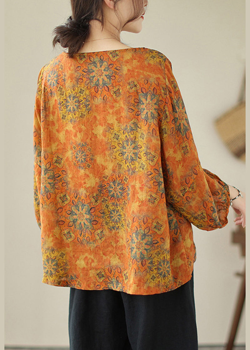 Orange Oversized Printed Cotton Shirt Lantern Sleeve Tops