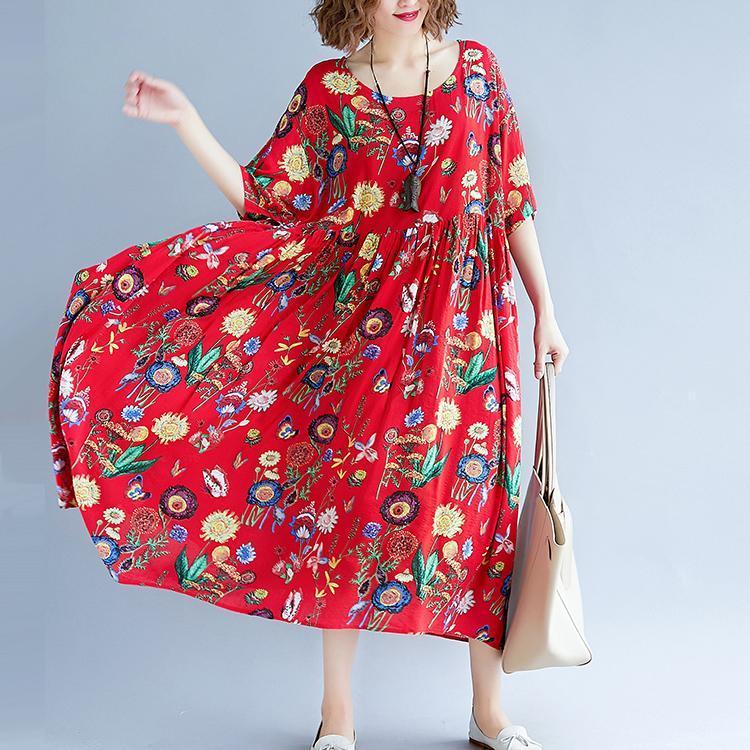 stylish red print long cotton linen dresses casual short sleeve baggy dresses gown o neck gown