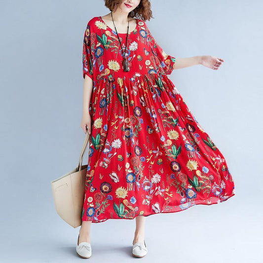 stylish red print long cotton linen dresses casual short sleeve baggy dresses gown o neck gown