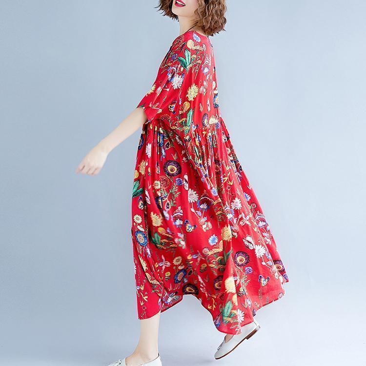 stylish red print long cotton linen dresses casual short sleeve baggy dresses gown o neck gown