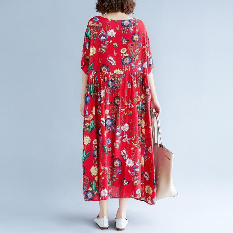 stylish red print long cotton linen dresses casual short sleeve baggy dresses gown o neck gown