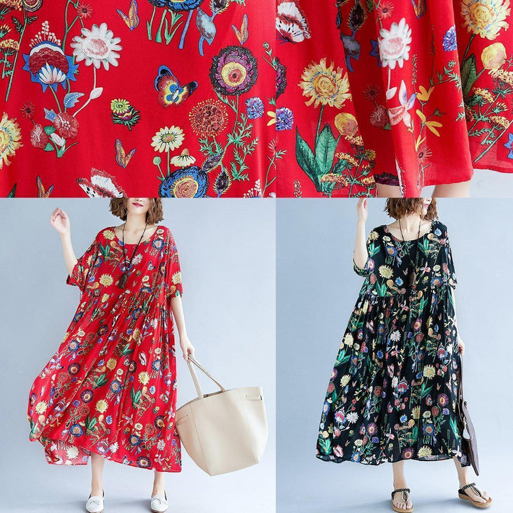 stylish red print long cotton linen dresses casual short sleeve baggy dresses gown o neck gown