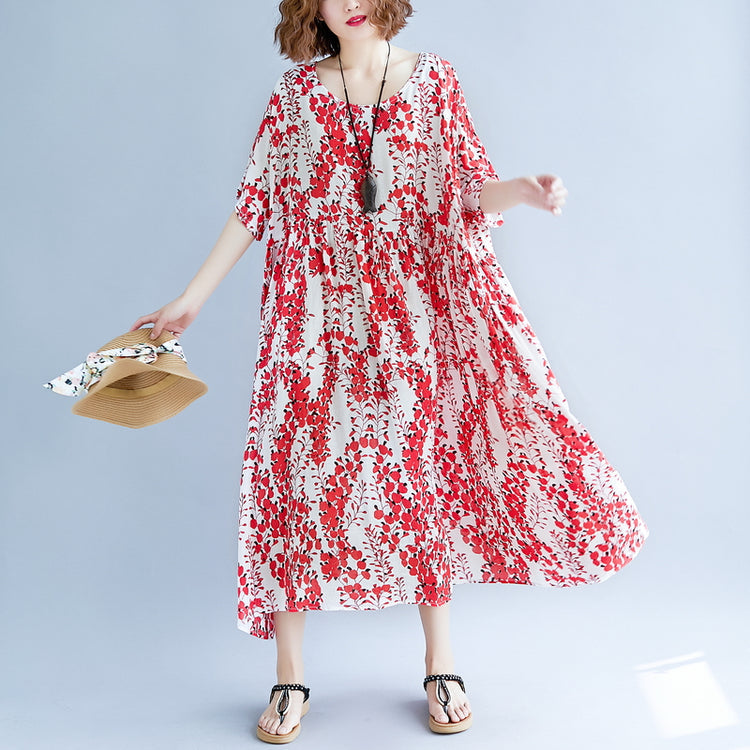 women red linen maxi dress oversize short sleeve print long cotton dresses fine o neck traveling clothing