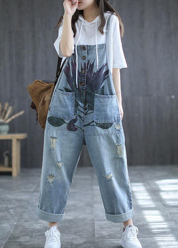 Art Print Retro Hole Pockets Navy Jumpsuit Summer