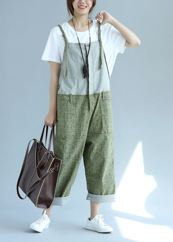 Casual Pocket Patch Wide Leg Green Jumpsuit Spring