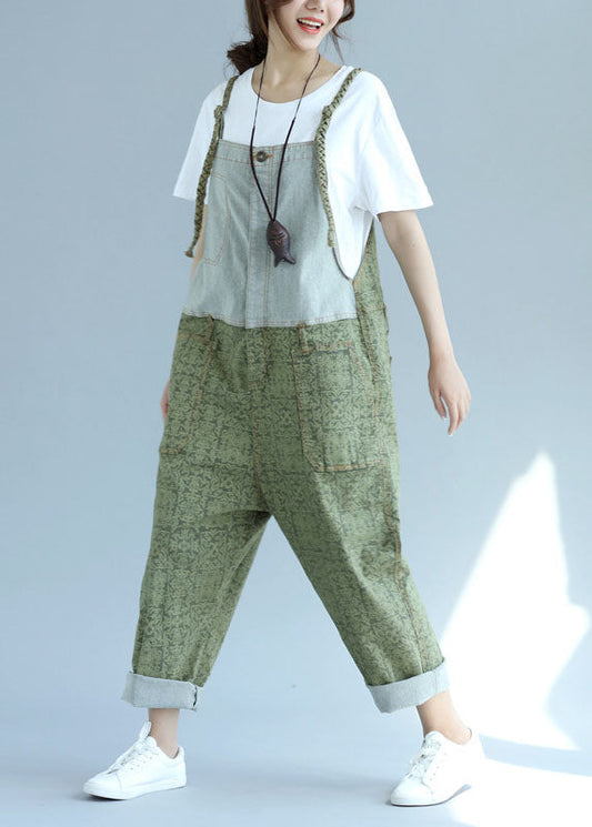 Casual Pocket Patch Wide Leg Green Jumpsuit Spring