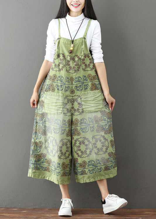 French pocket print wide leg green Jumpsuit Spring