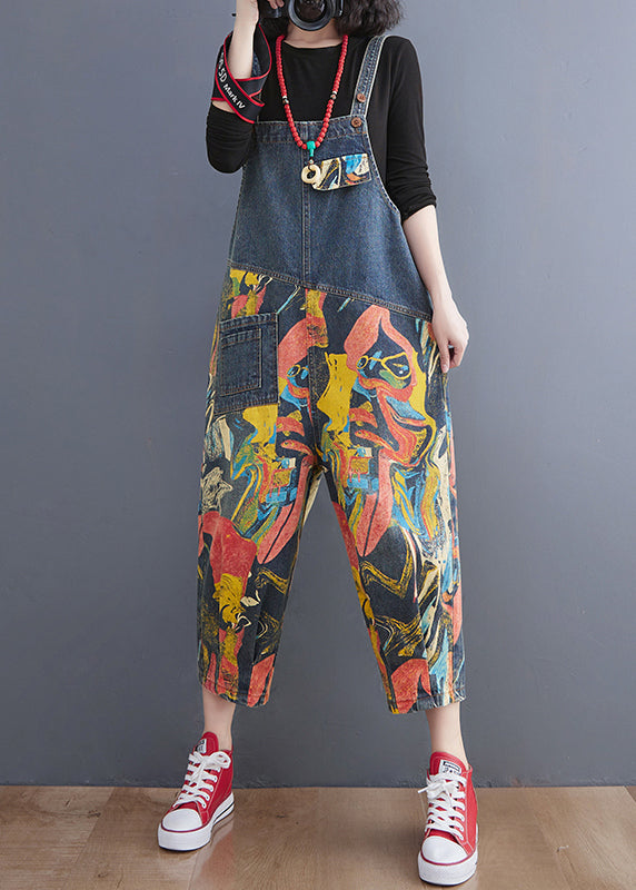 French Pocket Print Navy Denim Jumpsuit Spring