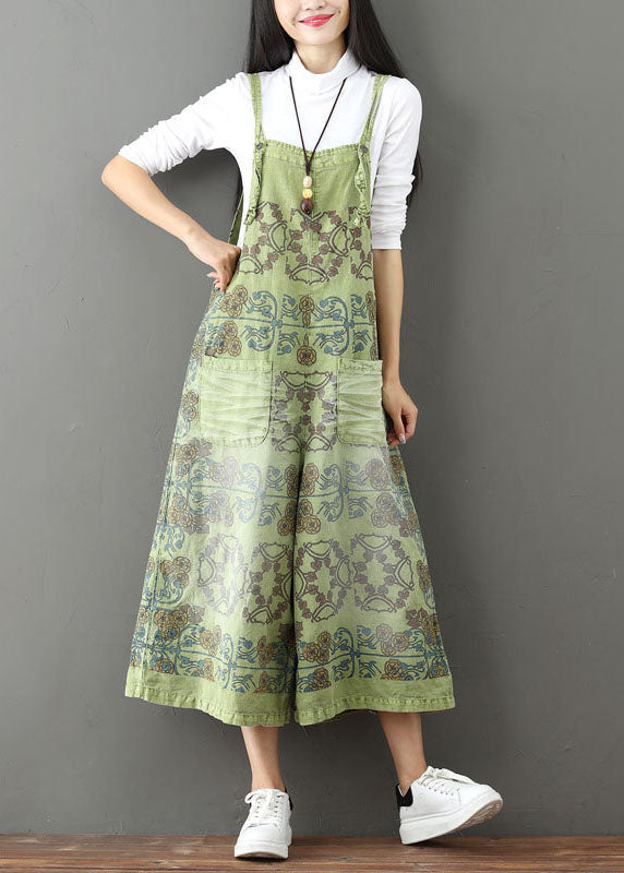 French pocket print wide leg green Jumpsuit Spring