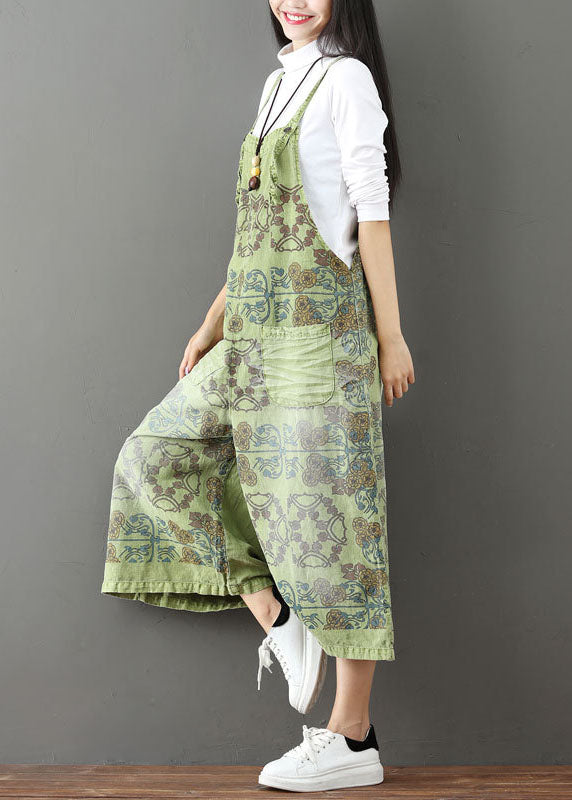 French pocket print wide leg green Jumpsuit Spring