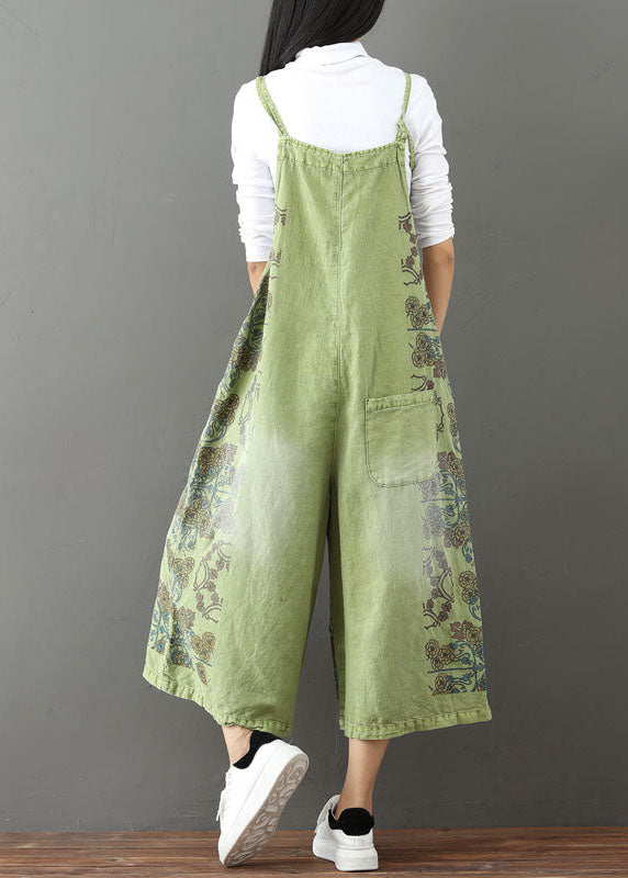 French pocket print wide leg green Jumpsuit Spring