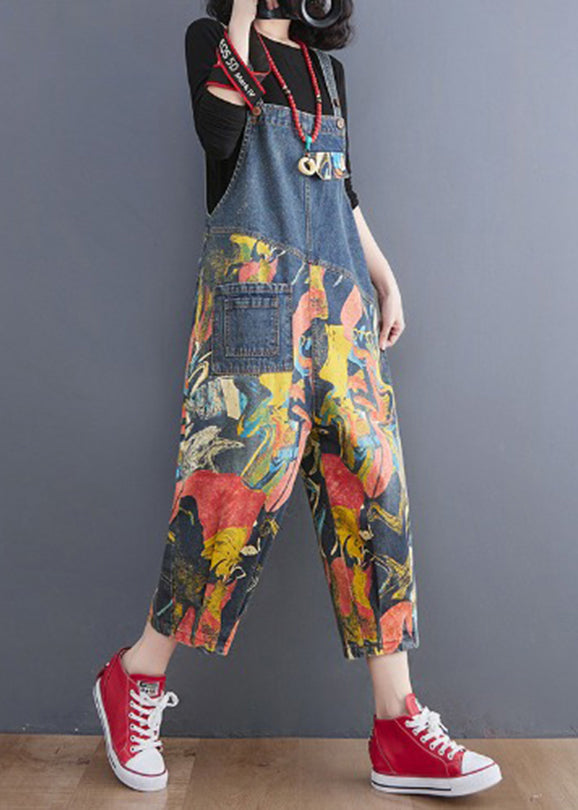 French Pocket Print Navy Denim Jumpsuit Spring