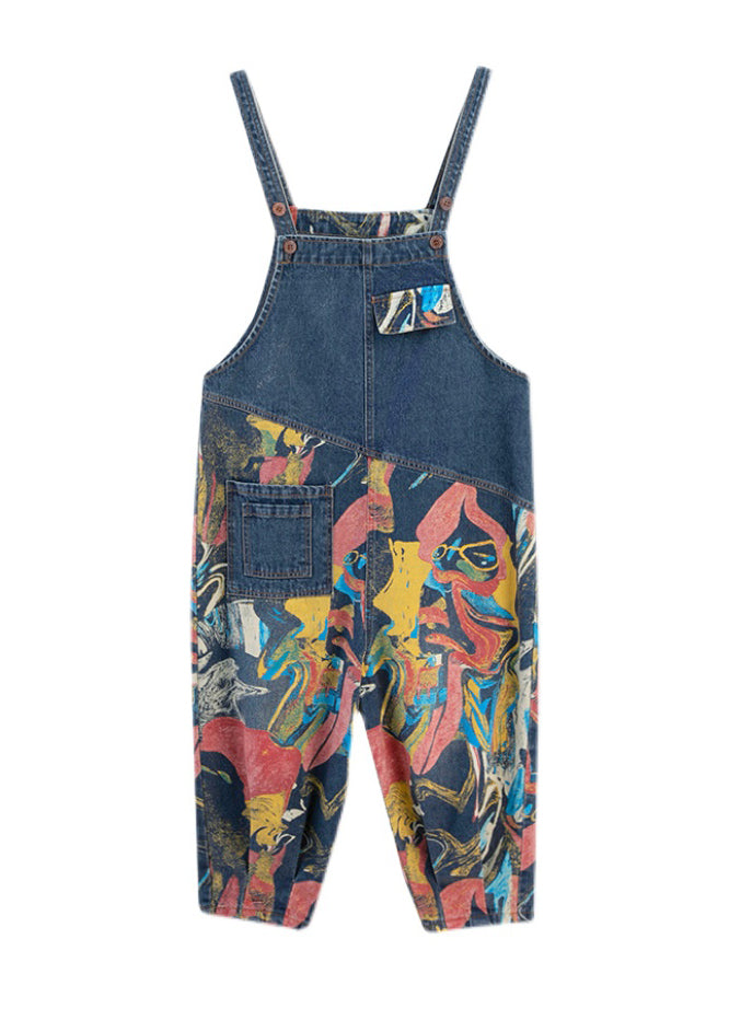 French Pocket Print Navy Denim Jumpsuit Spring