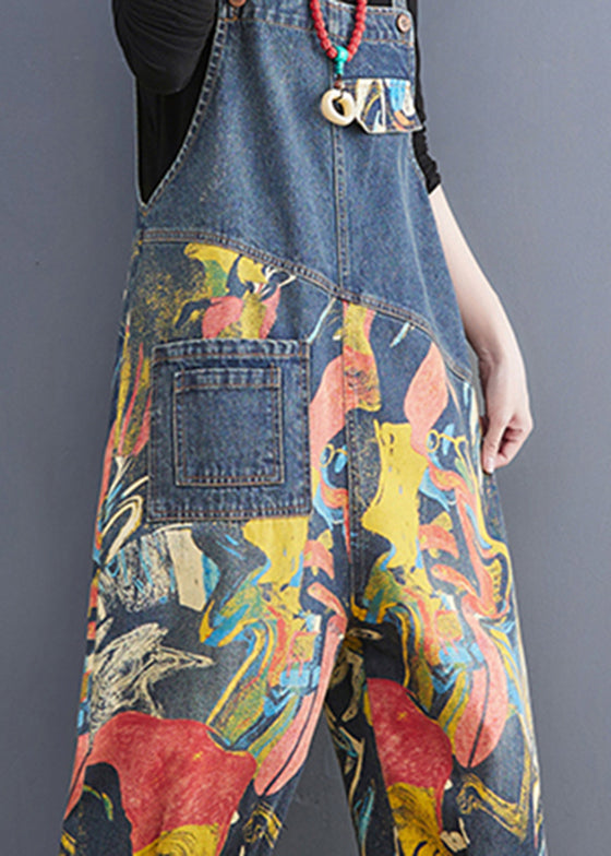 French Pocket Print Navy Denim Jumpsuit Spring