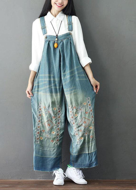 Handmade Pocket Embroidered Button Autumn Blue Cotton Jumpsuit Outfit