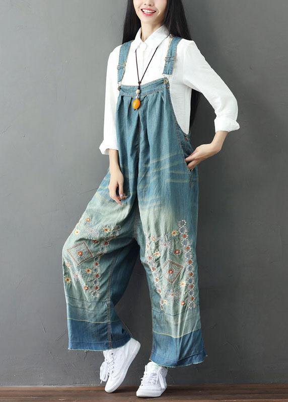 Handmade Pocket Embroidered Button Autumn Blue Cotton Jumpsuit Outfit