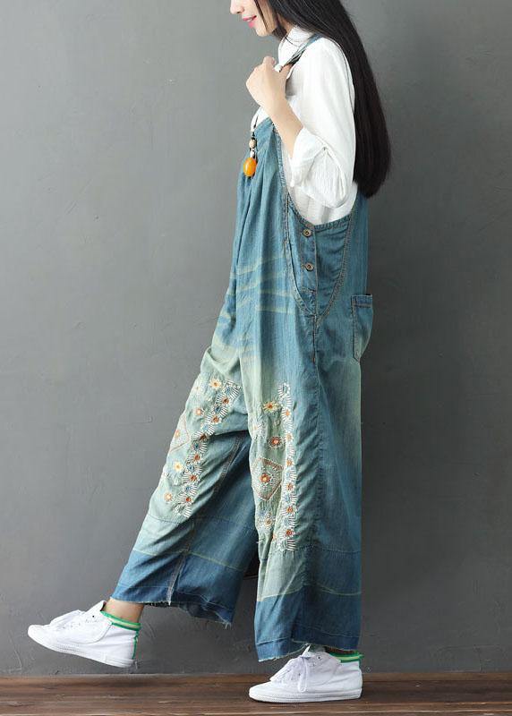 Handmade Pocket Embroidered Button Autumn Blue Cotton Jumpsuit Outfit