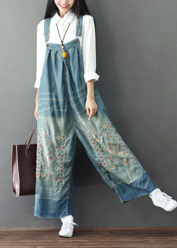 Handmade Pocket Embroidered Button Autumn Blue Cotton Jumpsuit Outfit