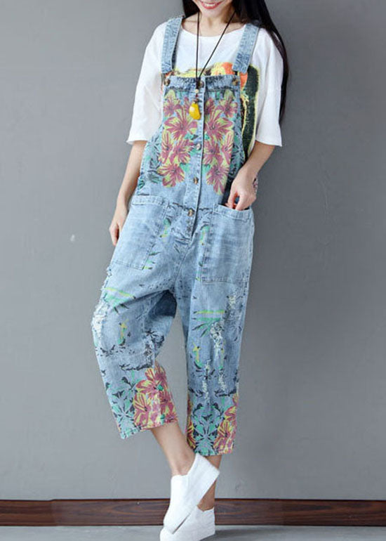 Italian pocket print ripped light blue denim jumpsuit for summer