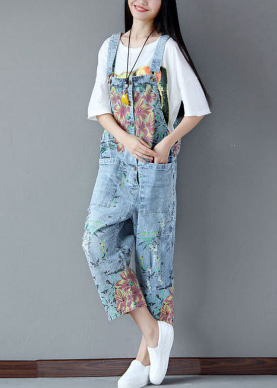 Italian pocket print ripped light blue denim jumpsuit for summer