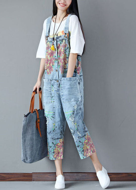 Italian pocket print ripped light blue denim jumpsuit for summer