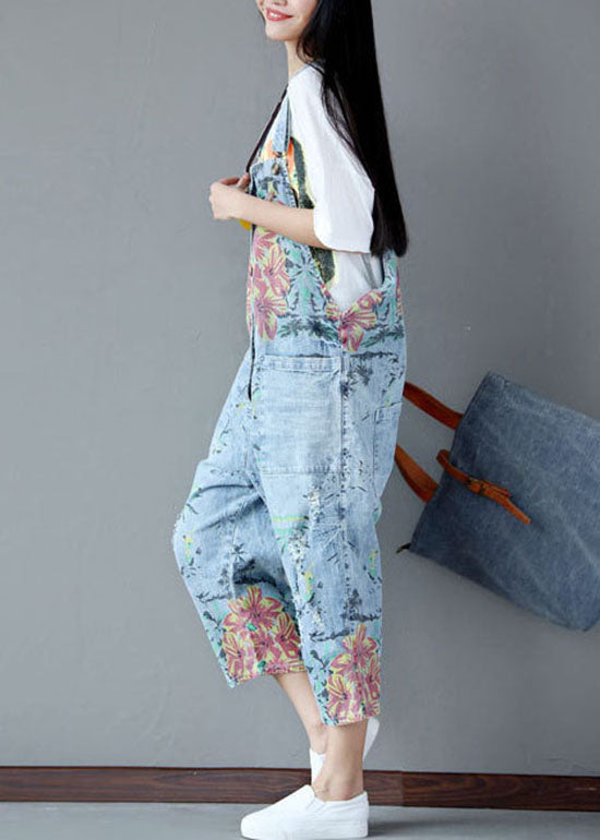 Italian pocket print ripped light blue denim jumpsuit for summer