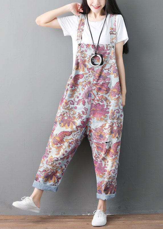 Modern pocket print ripped denim jumpsuit for spring