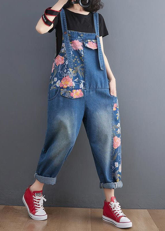 Modern Print Patchwork Denim Straight Leg Cargo Blue Jumpsuit Spring