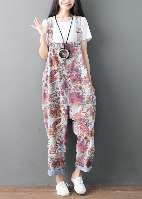 Modern pocket print ripped denim jumpsuit for spring