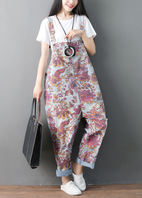 Modern pocket print ripped denim jumpsuit for spring