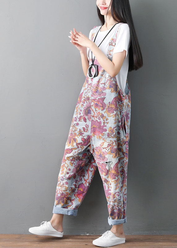 Modern pocket print ripped denim jumpsuit for spring