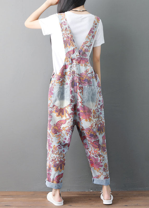 Modern pocket print ripped denim jumpsuit for spring