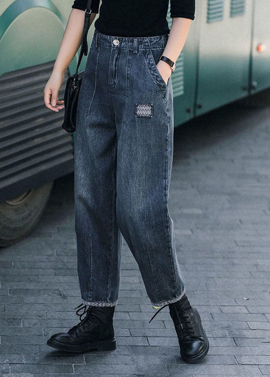 Style Navy High Waist Pockets Harem Casual Fall Denim Pants