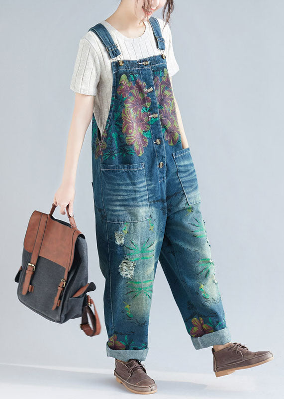 Women Blue Pocket Patch Print Denim Jumpsuit Spring