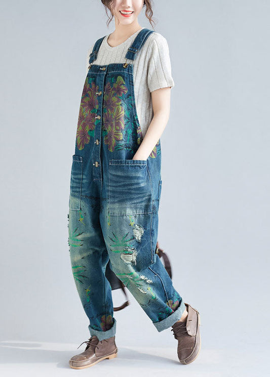 Women Blue Pocket Patch Print Denim Jumpsuit Spring